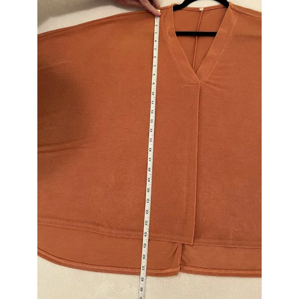 Womens V-neck Orange Slinky Knit Tunic Oversized, Hi-Low Hem, Dolman Sleeves - Picture 5 of 9